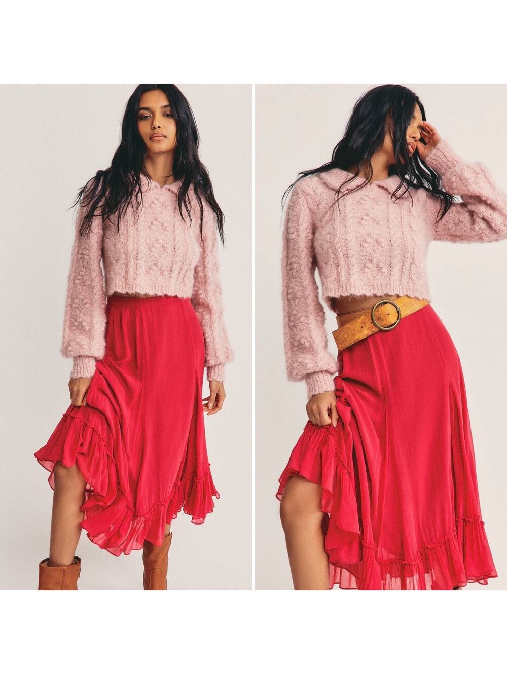 NWT Loveshackfancy Lil Silk Midi Skirt BORDEAUX Size 0 Flounce Hem Flowy Chiffon
